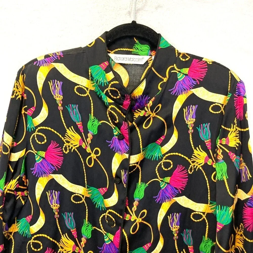 Vintage Richard Malcolm 100% Silk Blouse Sz 8 Asian Mandarin Collar Top Colorful - Picture 6 of 16